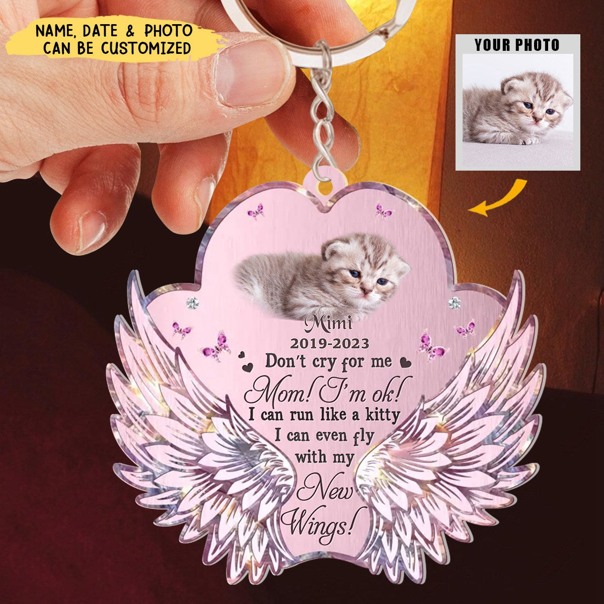 Don't Cry For Me Mom I'm Ok - Personalized Photo Memorial Paw Wings Dog Cat Acrylic Keychain, Memorial Gift Idea For Pet Lover