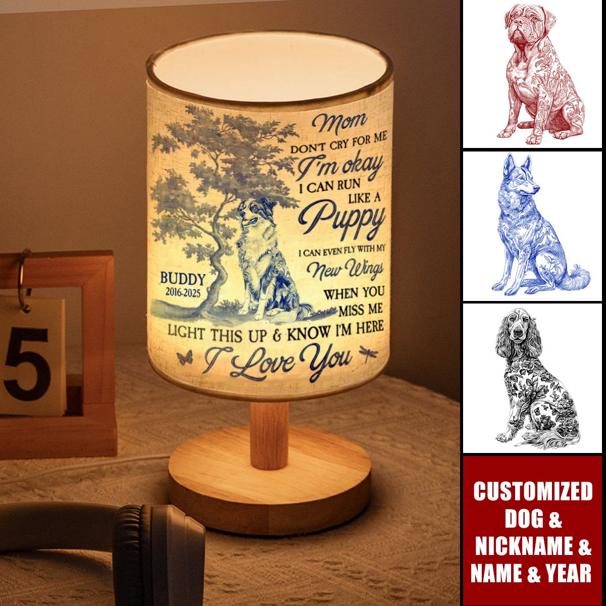 Dog Memorial Gift Don't Cry For Me Toile De Jouy - Personalized Fabric Lamp