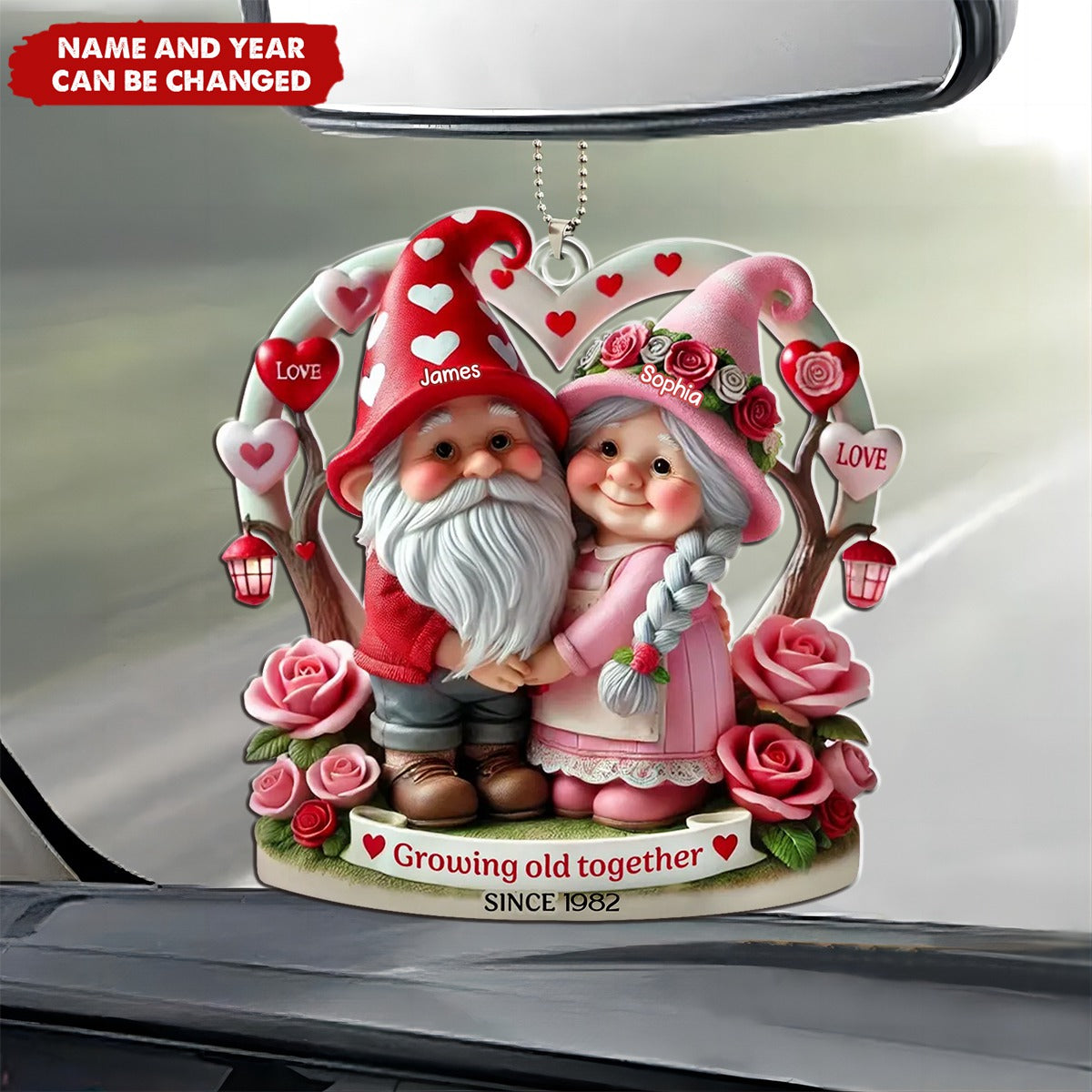 Dwarf 3D Effect Old Couple Valentine's Day Gift, Personalized Acrylic Car Ornament