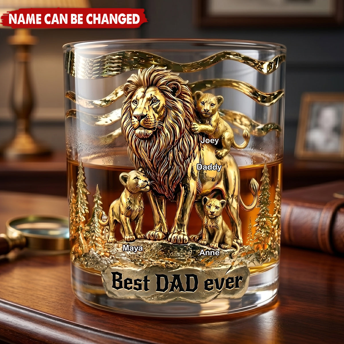 Lion Dad And Kids - Personalized Whiskey Glass,  Father's Day Gift For Dad, Grandpa