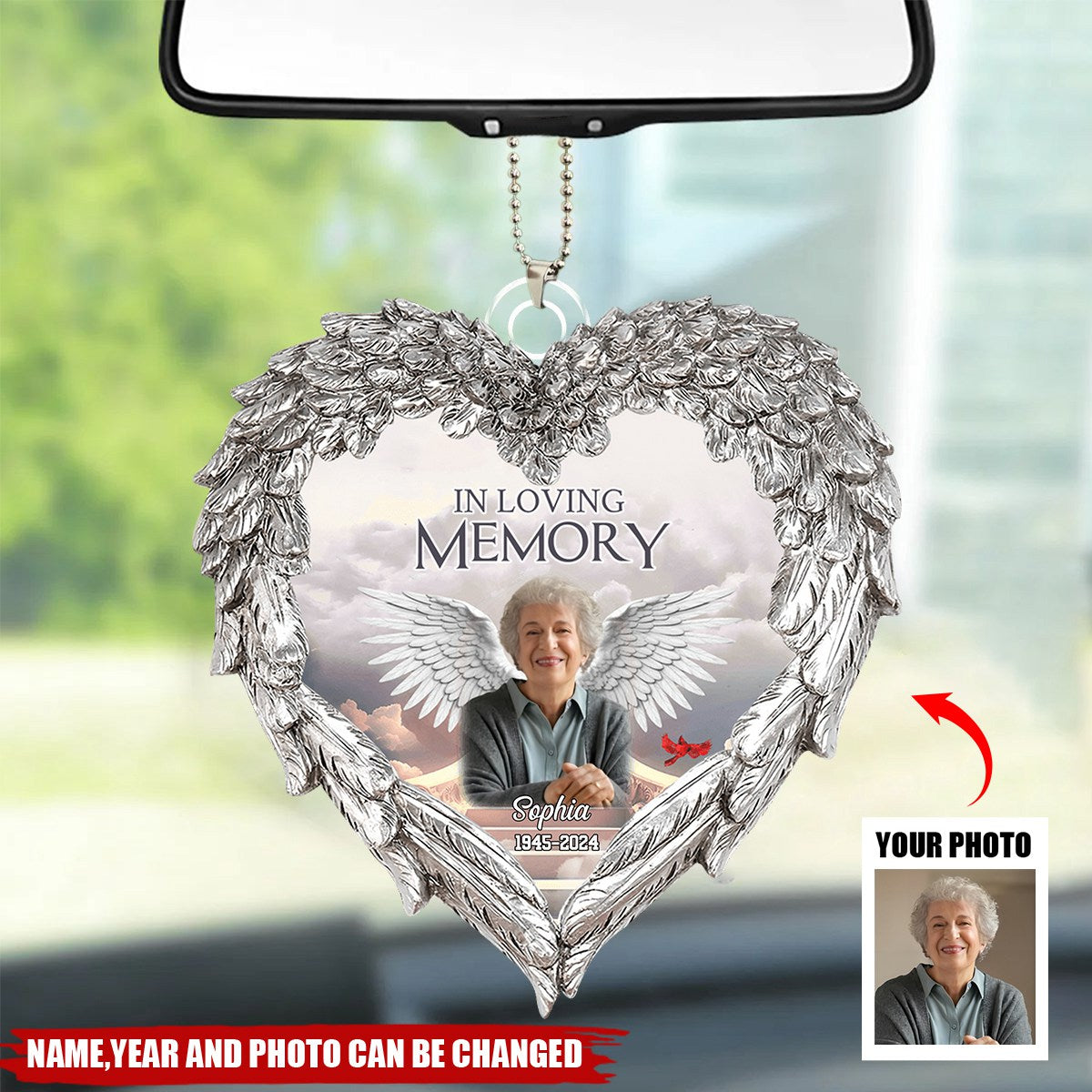 Memorial Upload Photo Wings, In Loving Memory In Heaven Personalized Car Ornament