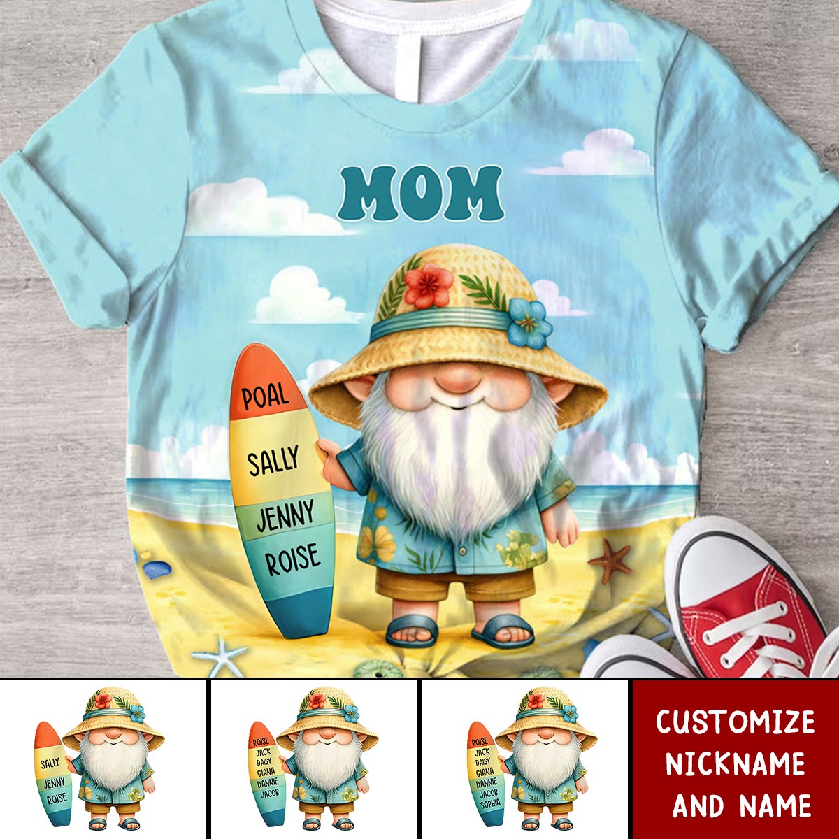 Surfboard Summer Dwarf With Grandkids Name Personalized 3D T-shirt