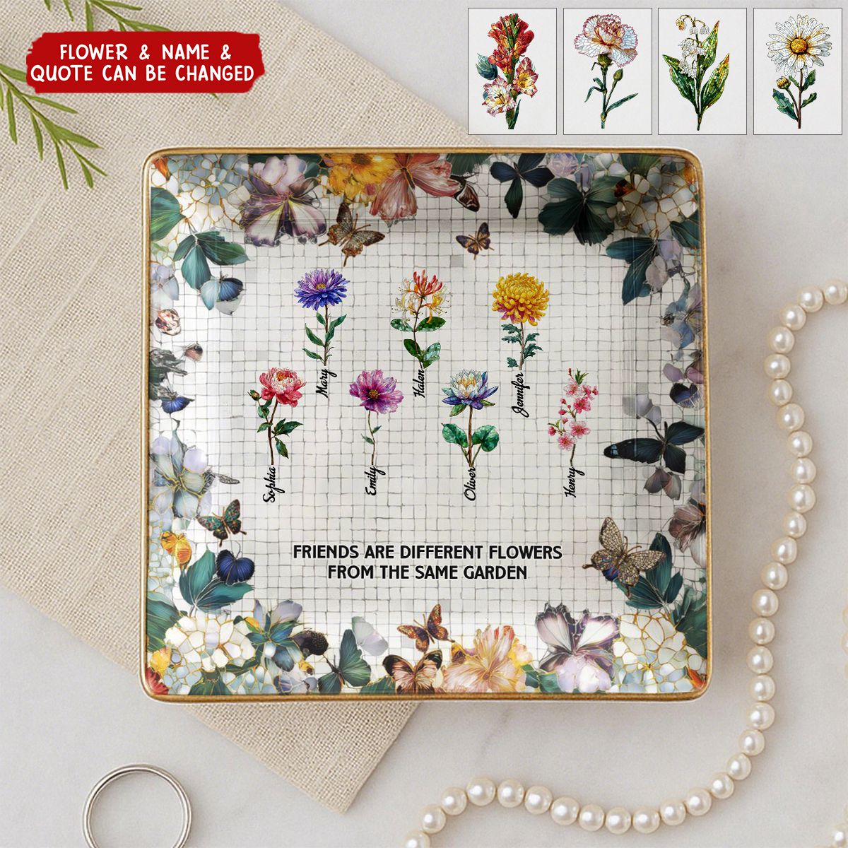 Mosaic Style Birth Flowers A True Friendship Is A Journey - Personalized Jewelry Dish