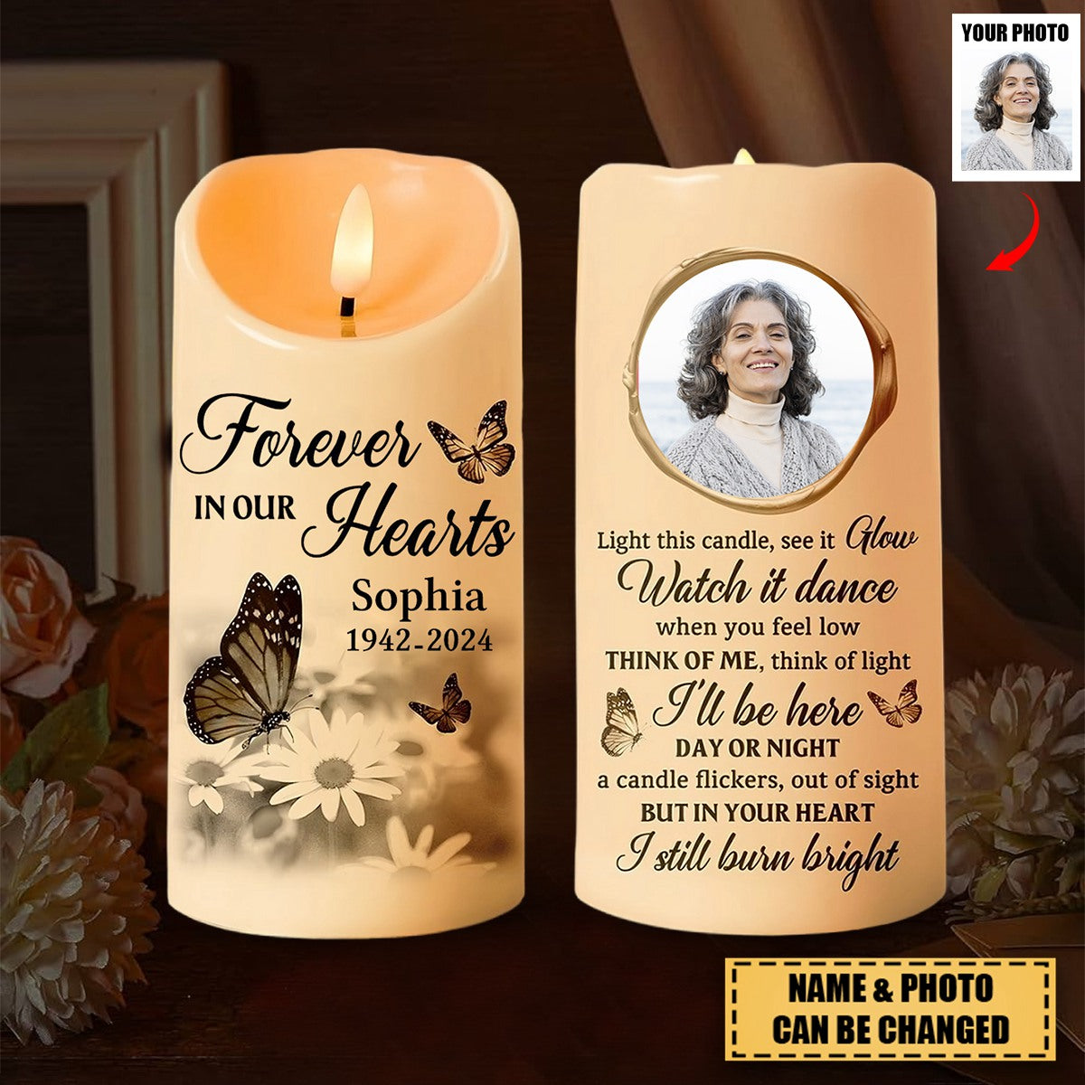 Forever In Our Hearts - Personalized Memorial Candle LED Light - Sympathy Gift For Family Members