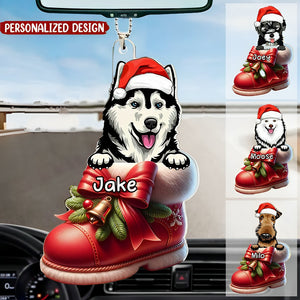 Cute Dog Puppy Pet On Christmas Boots Shoes Personalized Acrylic Car Ornament