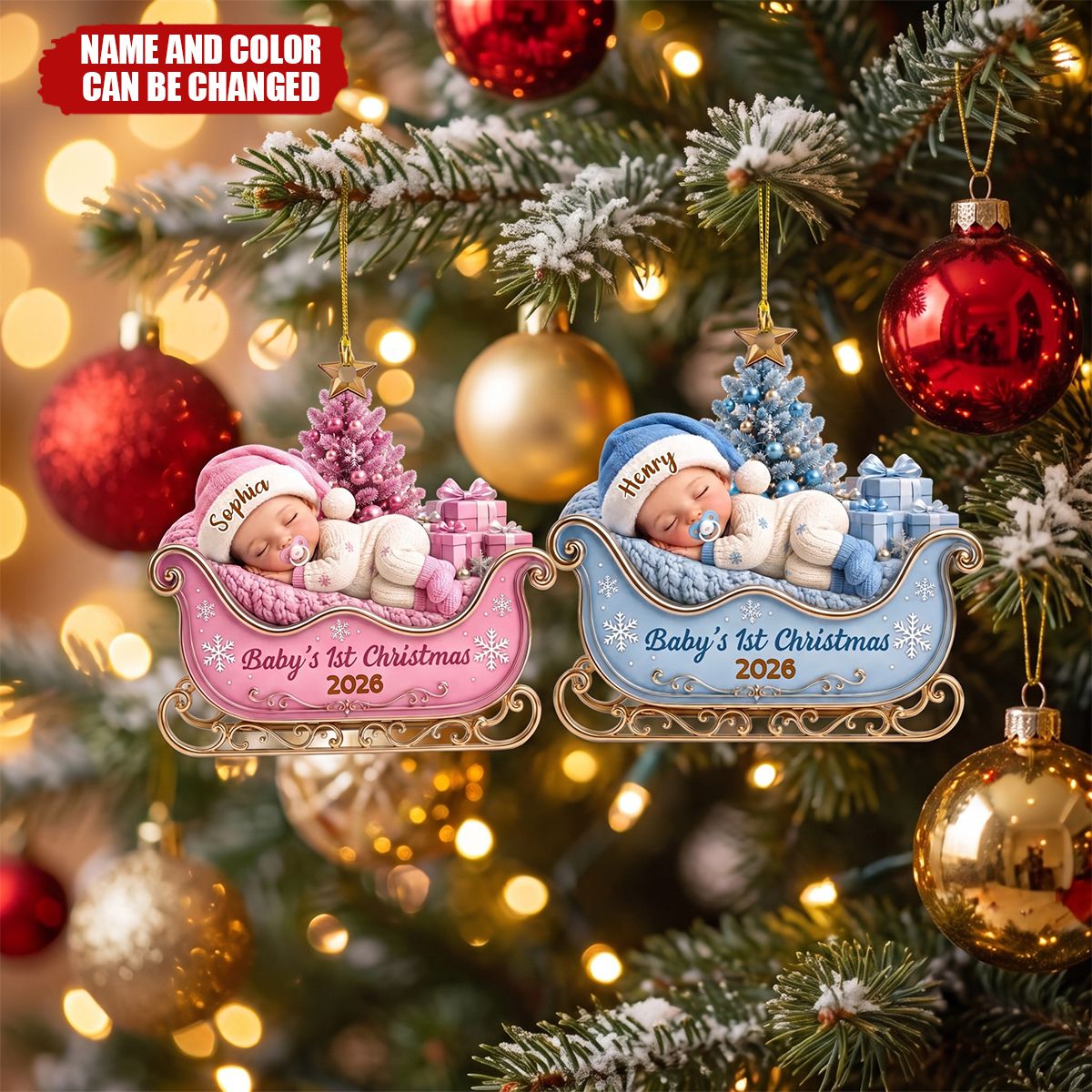 Custom First Christmas Acrylic Ornament - Personalized Christmas Baby Shower, Gender Reveal Gifts