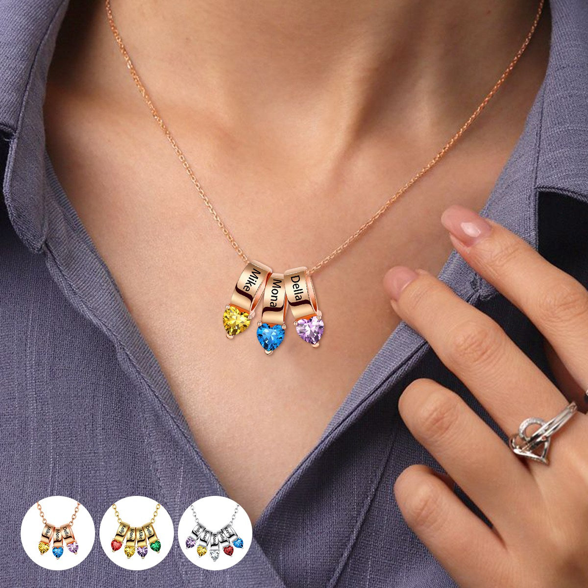 Personalized 1-5 Names Heart Birthstone Necklace for Women