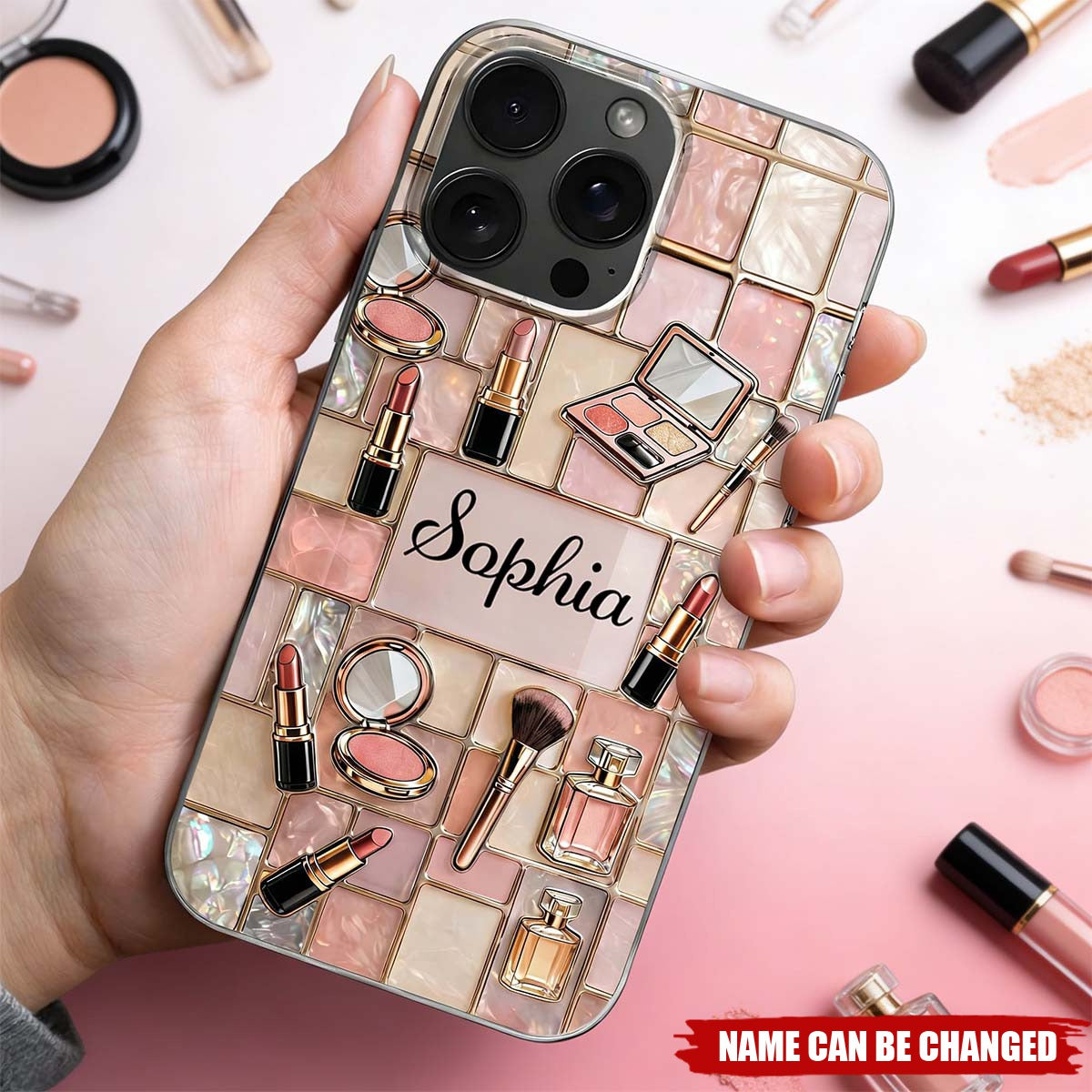 Personalized Makeup Phone Case, Pink Gold Beauty Cosmetic Design