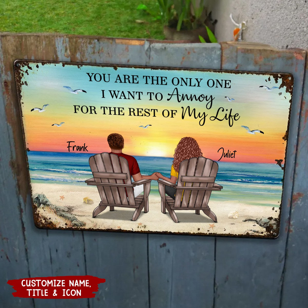Back View Couple Sitting Beach Landscape Personalized Metal Sign
