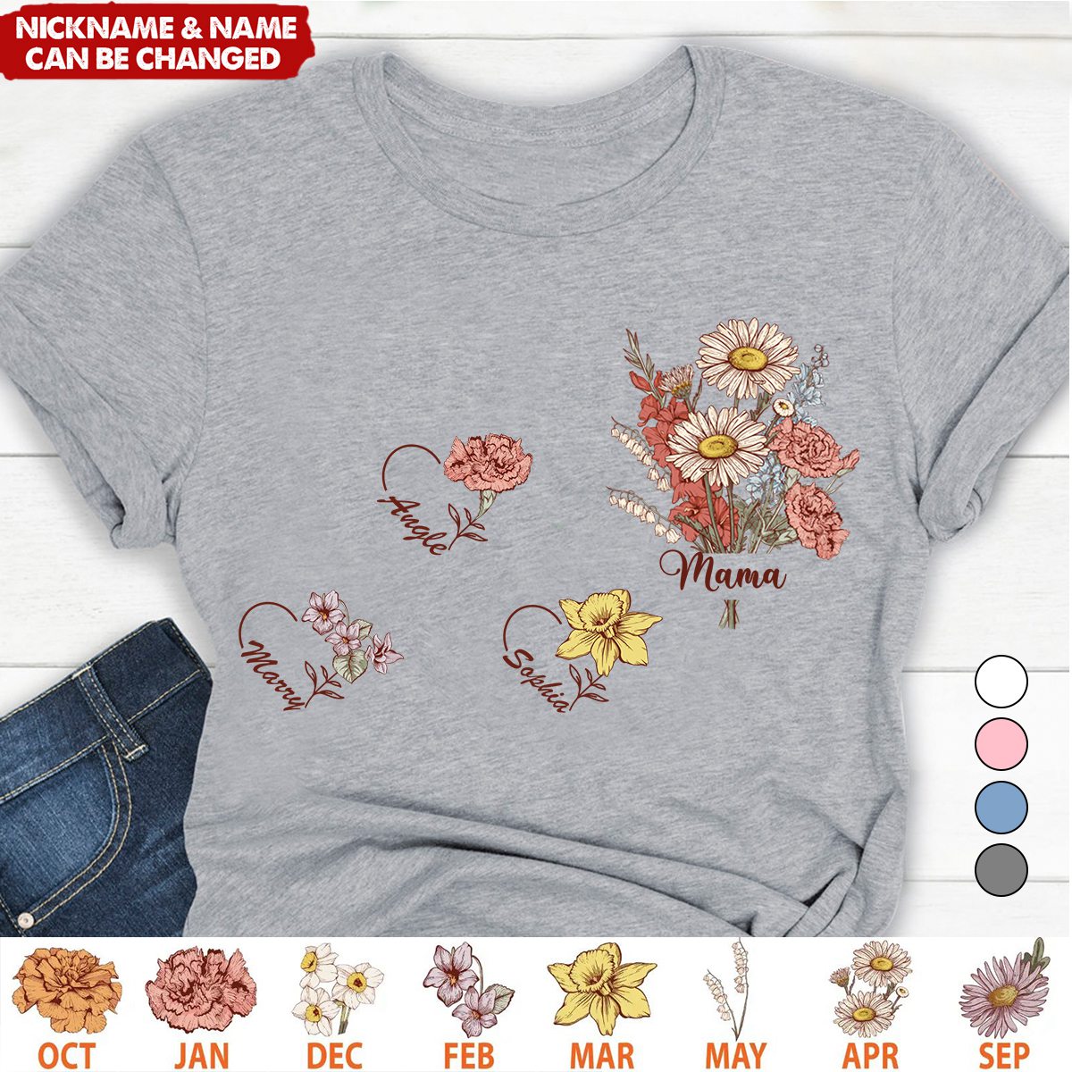 Personalized Birth Month Flower On T-shirt, Gift For Grandma Mom