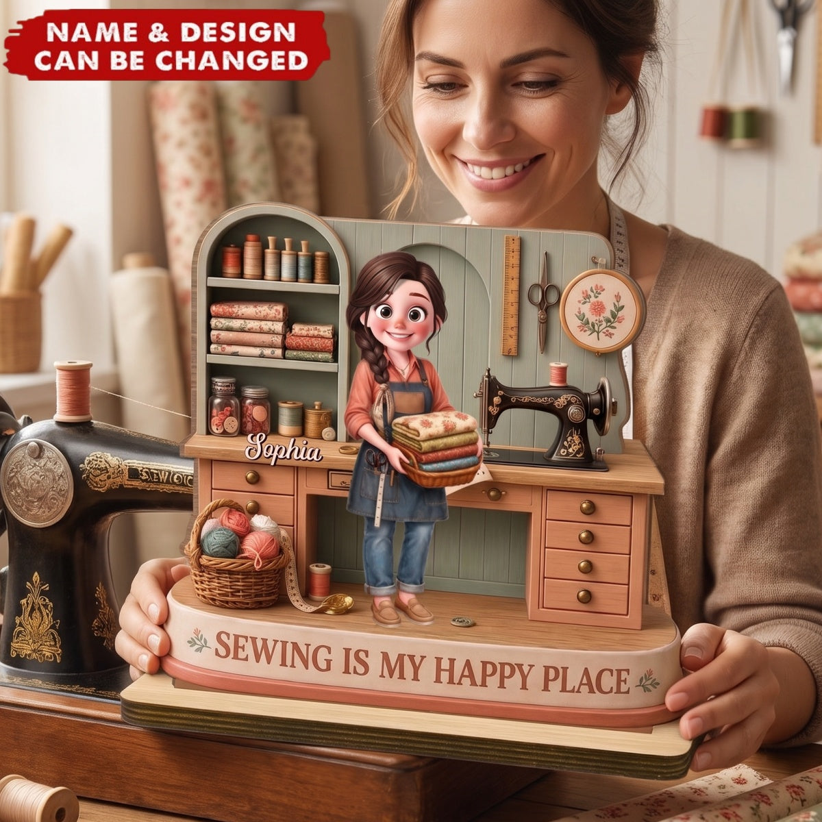 Sewing Is My Happy Place - Personalized 2-Layer Wood Plaque