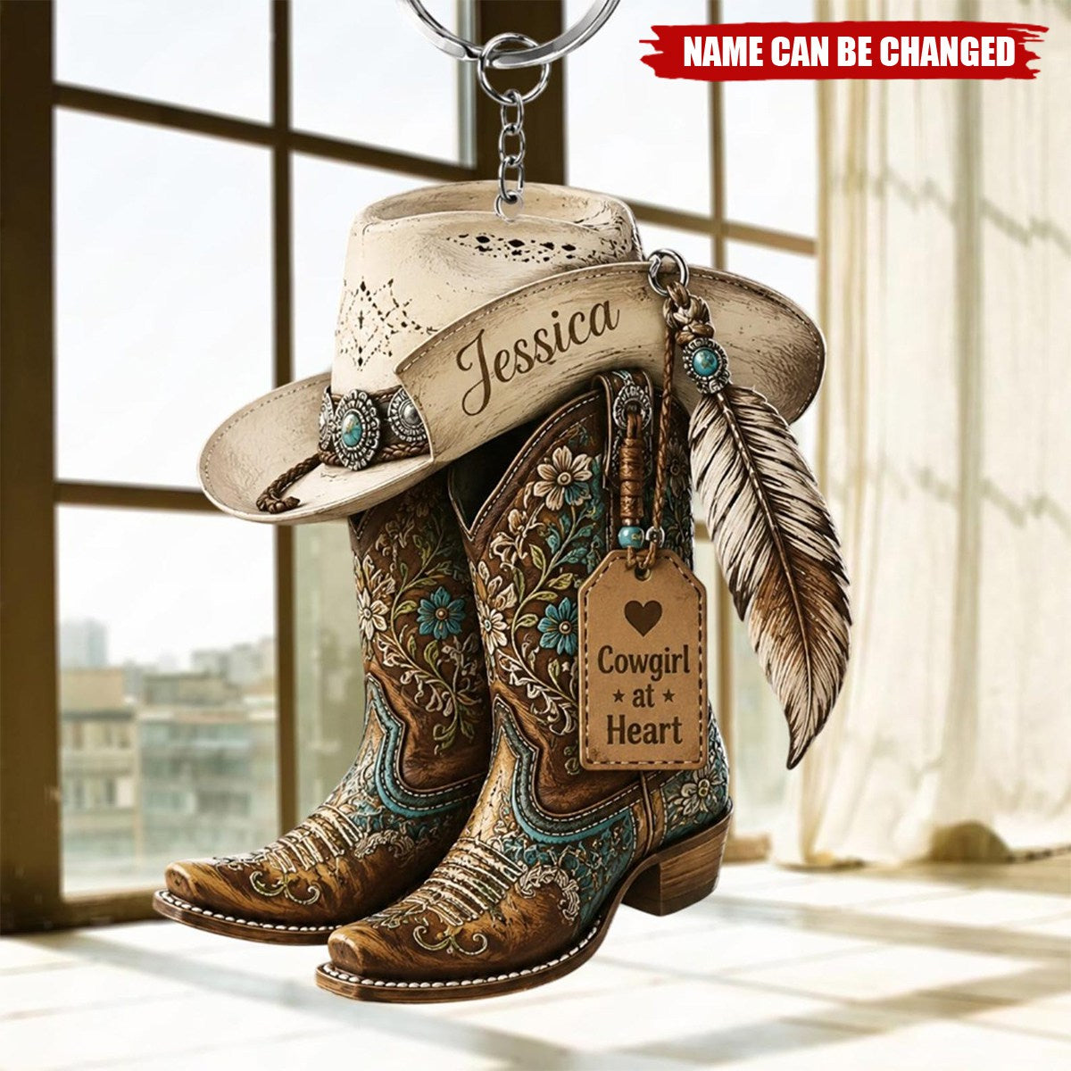 Personalized Cowgirl Boots Acrylic Keychain, Custom Western Hat Keychain, Cowgirl Heart Keyring, Cowboy Keepsake Gift