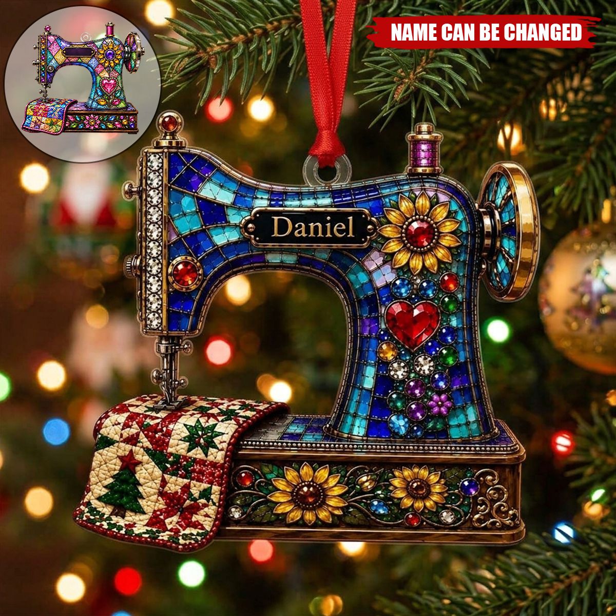 Personalized Stained‑Glass Sewing Machine Christmas Ornament, 2 Style Options Custom Name Keepsake Ornament, Gift For Sewers, Quilters & Grandma