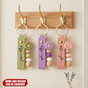 Daisy Charm & Floral Line Art - Personalised PU Leather Keychain