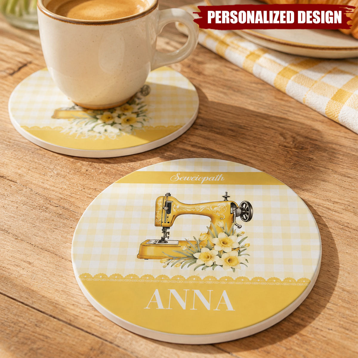 Personalized Sewing Lover Ceramic Coaster - Vintage Sewing Machine Themed Drink Coaster