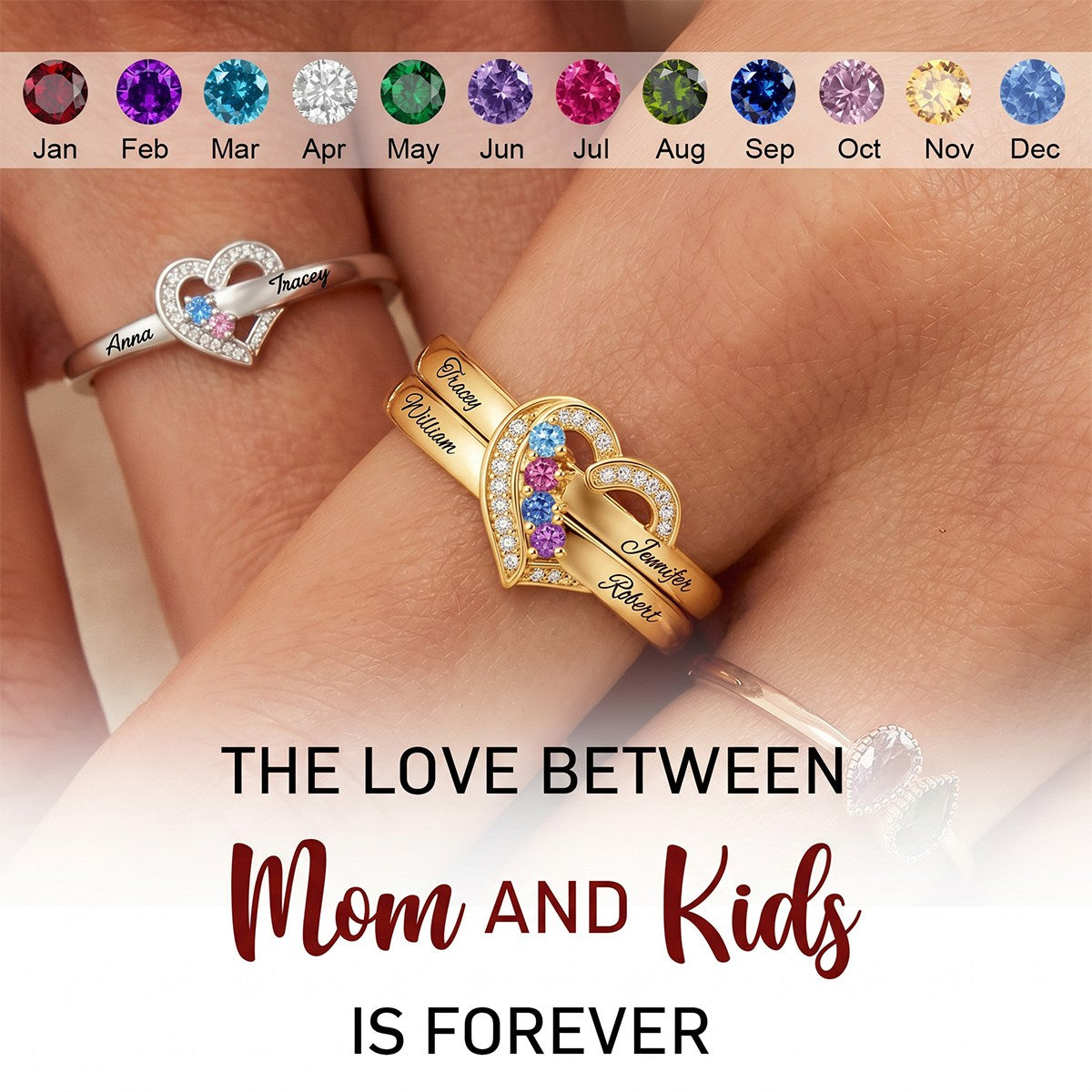 Custom Name Gemstones Jewelry Heart Shaped For Grandma Mom - Personalized Birthstone Heart Ring