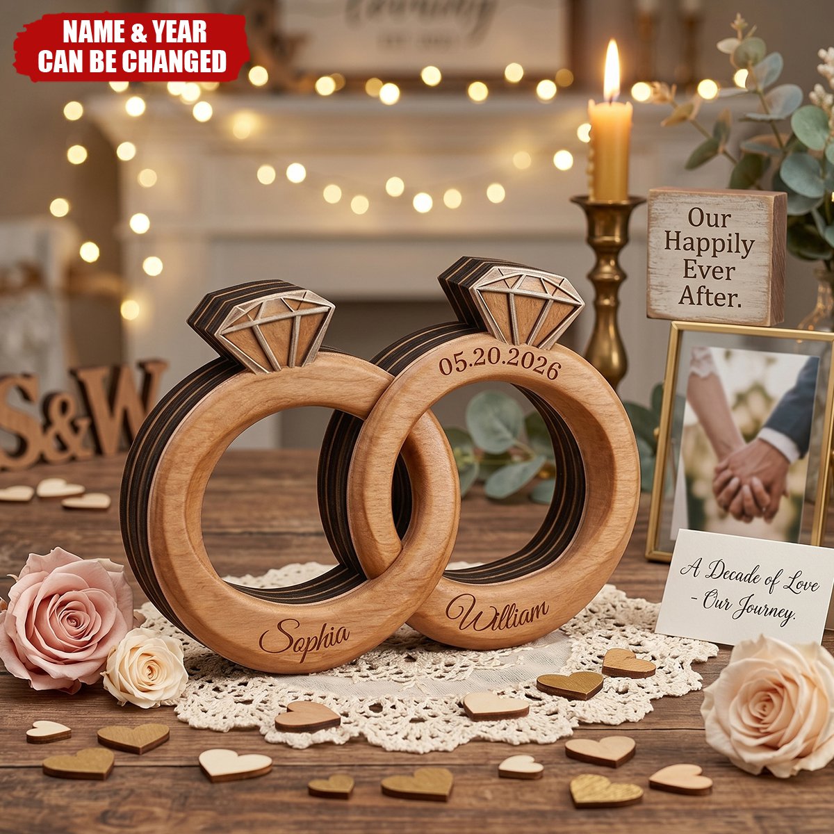 Personalized Wedding Ring Wooden Sign, Custom Couple Names Engagement Ring Decor