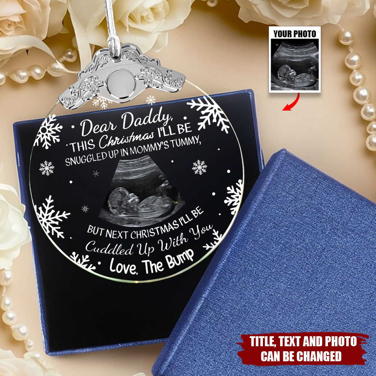 First Christmas Baby Bump Custom Ultrasound - Personalized Glass Photo Ornament With Silver Cap