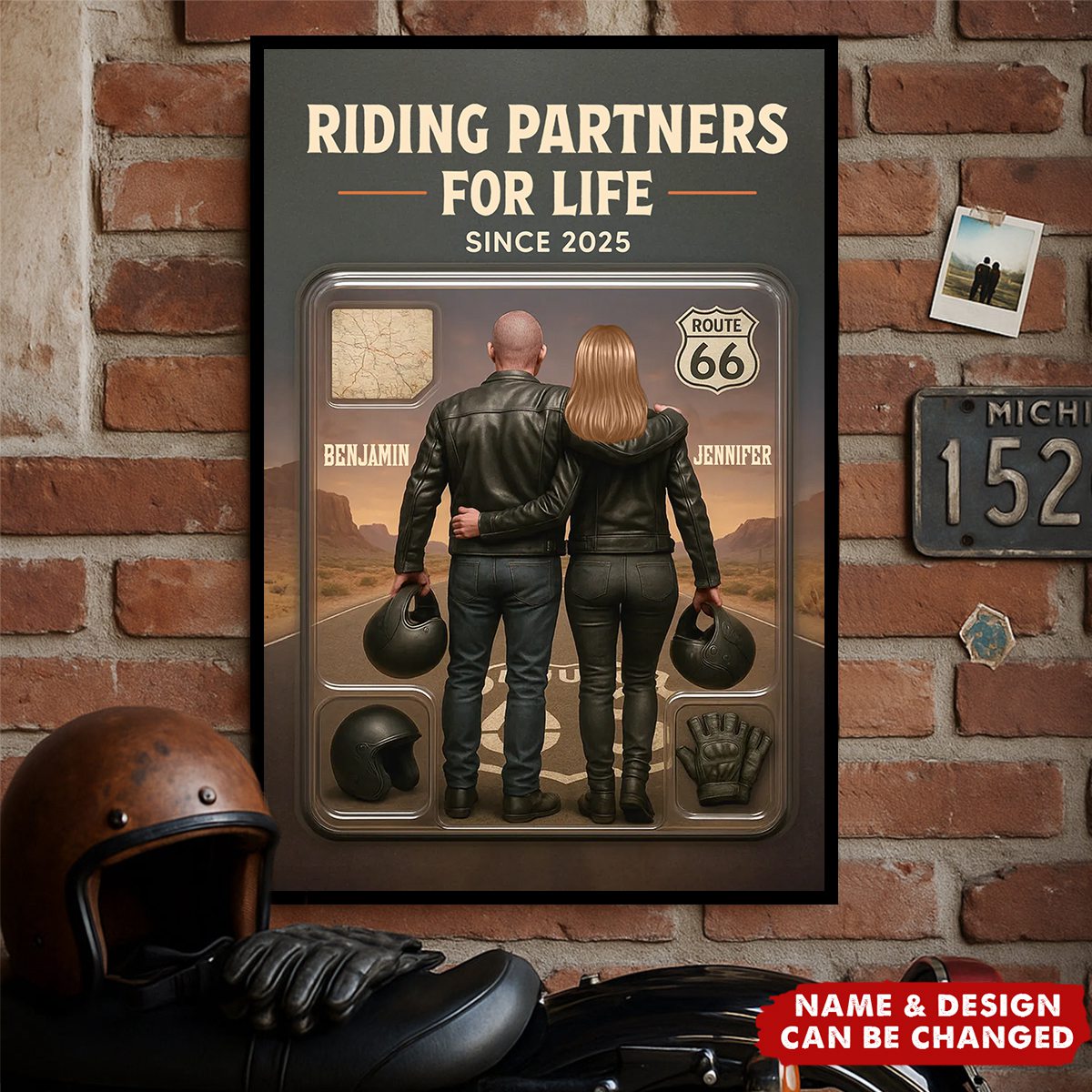 Custom Figure Couple Bikers Riding Partners For Life - Personalized Poster, Gift For Bikers