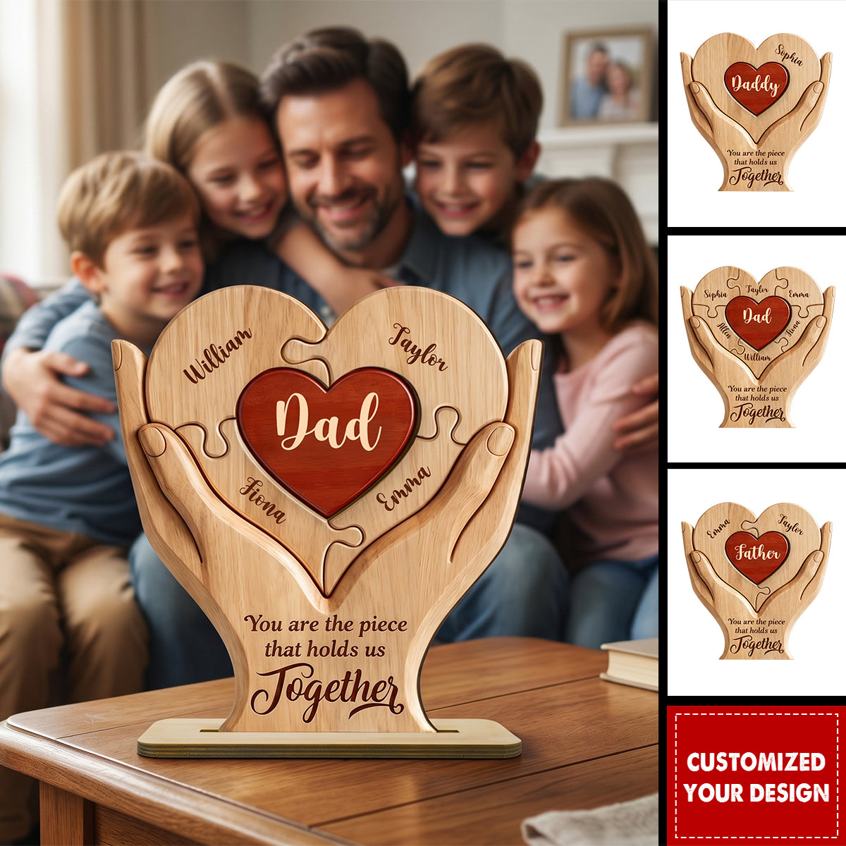 Dad The Piece That Holds Us Together - Personalized 2-Layered Wooden Plaque - Father's Day Gift for Dad, Husband