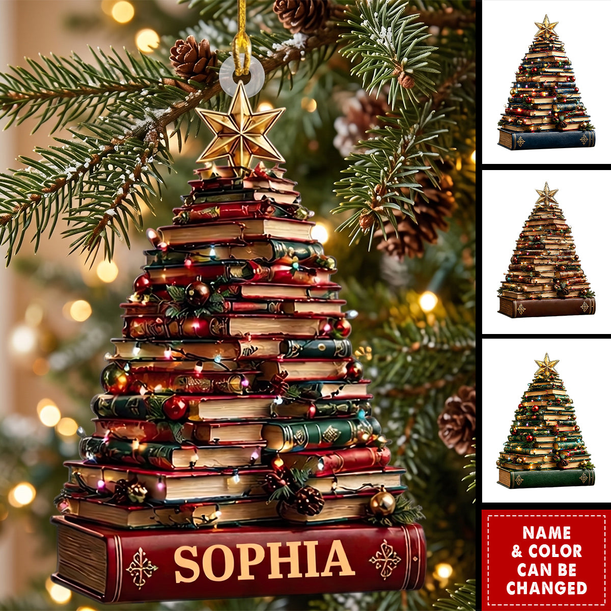 Personalized Ornament For Book Lovers, Stacked-book Christmas Tree