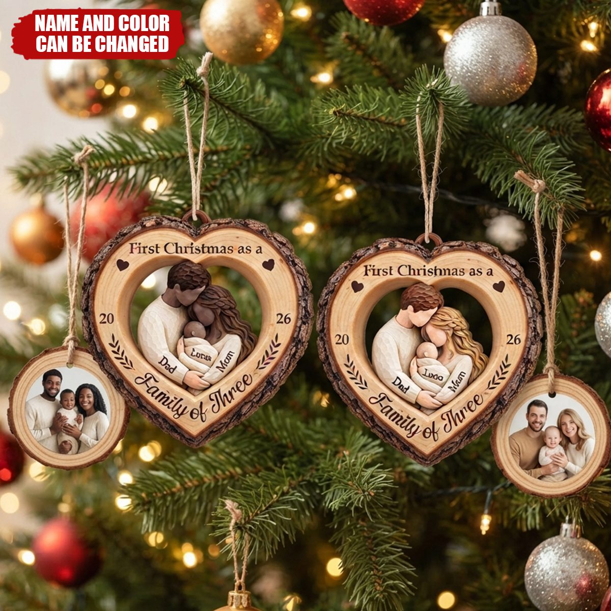 First Christmas as a Family of Three - Personalized Wooden Ornament for New Parents