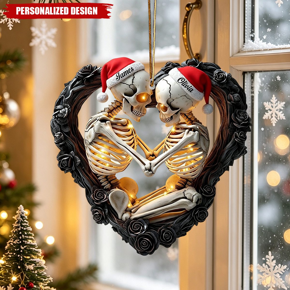 Personalized Skeleton Couple Heart Christmas Ornament - Custom Names Gothic Skull