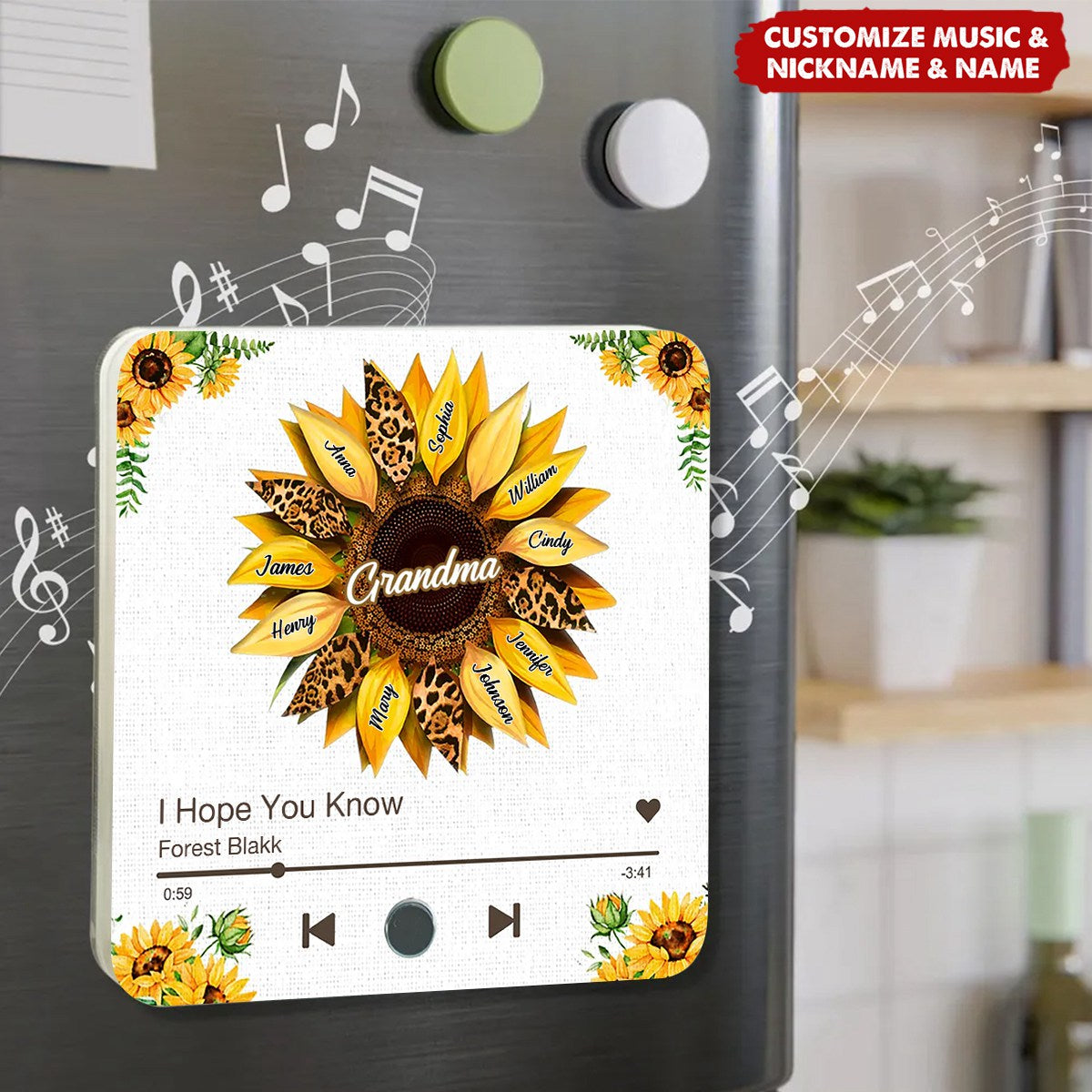 Nana Mom Sunflower Personalized Music Fridge Magnet