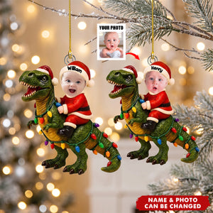 Baby Santa Riding Dinosaur - Personalized 3D Effect Acrylic Ornament