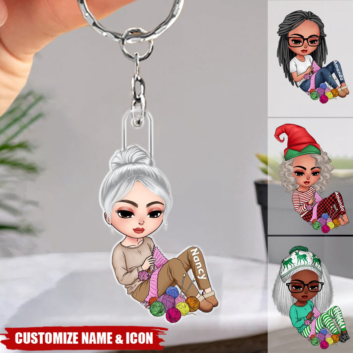 Knitting Girl Personalized Acrylic Keychain, Gift For Knitting Lovers