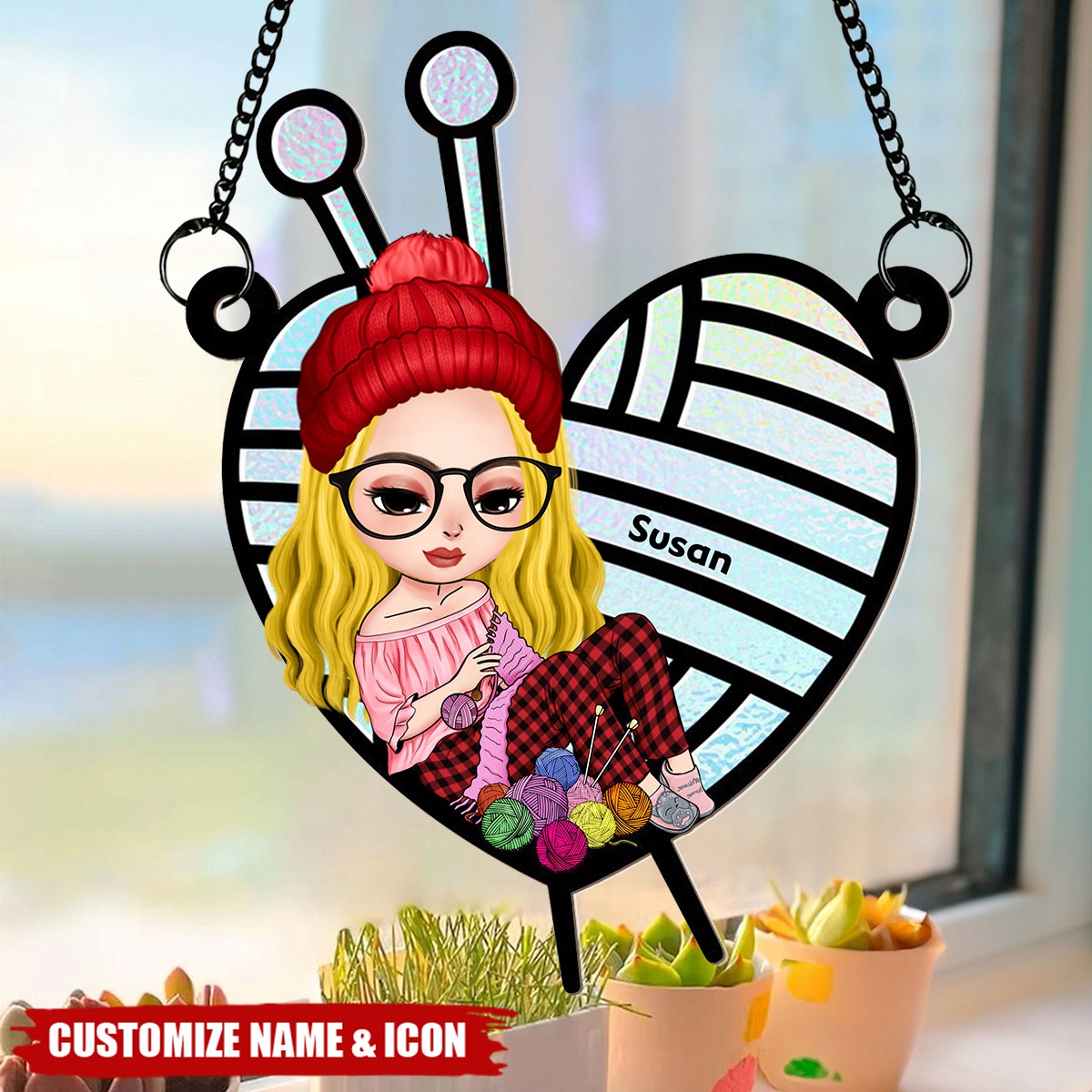 Knitting Girl Personalized Suncatcher Ornament