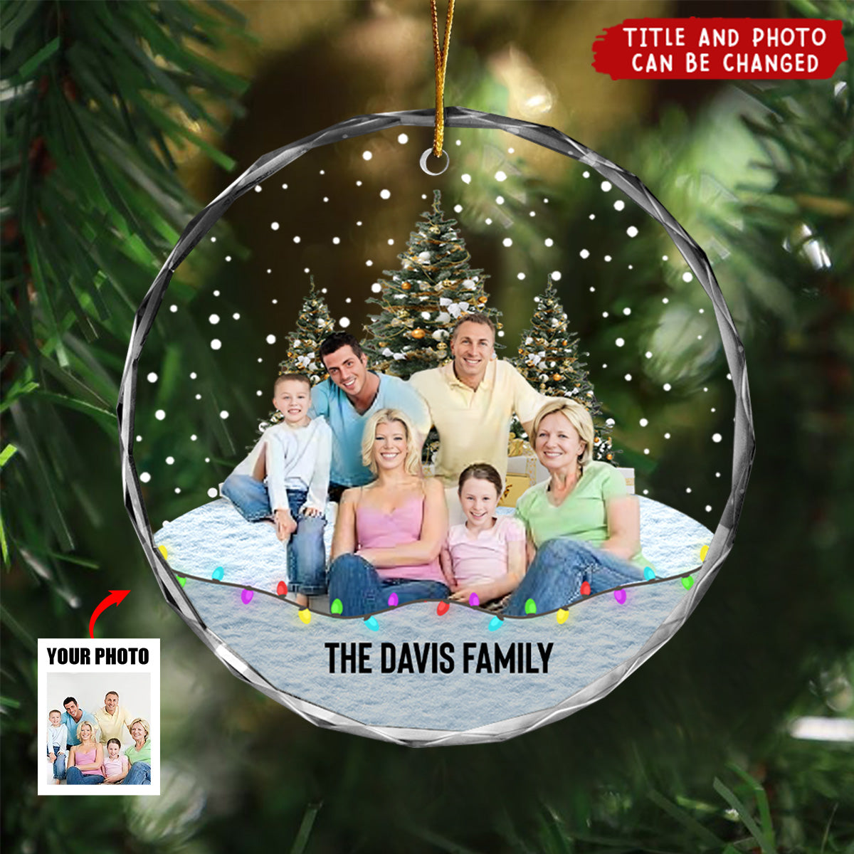 Custom Photo Family Friends Snow - Personalized Circle Glass Ornament