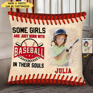 Some Boys Are Just Born With Baseball In Their Souls Pillow, Personalized Baseball Gifts For Grandson, Gifts For Baseball Players With Photo
