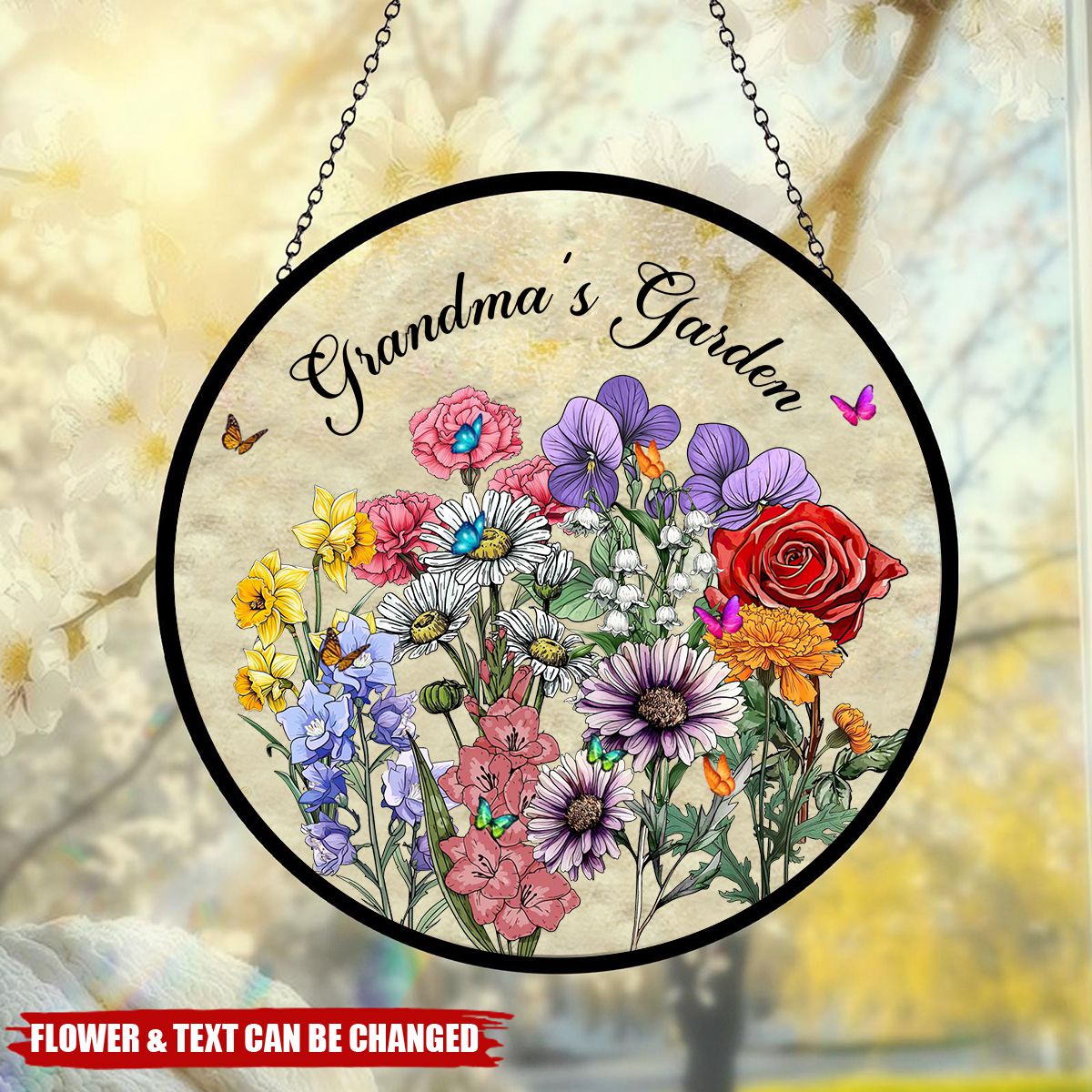 Grandma's Garden - Personalized Family Birth Flowers Glass Window Hanging Suncatcher
