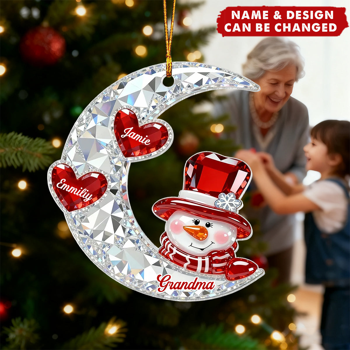 3D Crystal Effect Snowman Grandma On Moon Grandkids Hearts Names - Personalized Acrylic Ornament