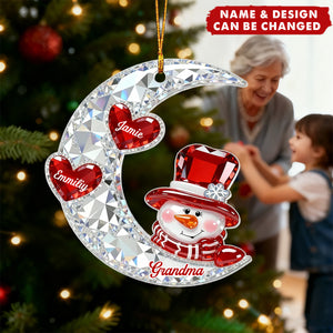 3D Crystal Effect Snowman Grandma On Moon Grandkids Hearts Names - Personalized Acrylic Ornament