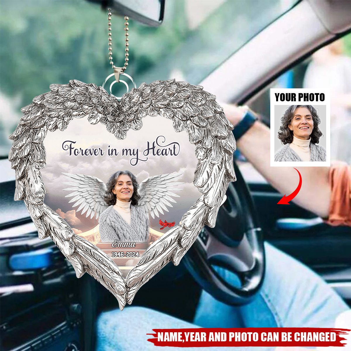 Memorial Upload Photo Wings, In Loving Memory In Heaven Personalized Car Ornament