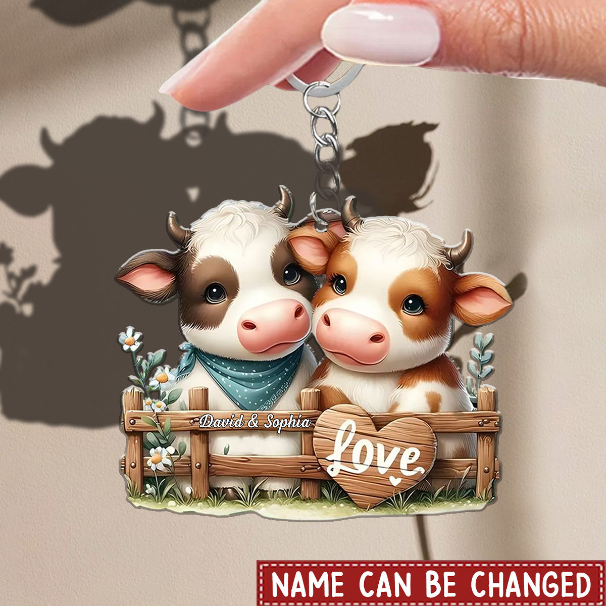 Charming Double Cow Hug Personalized Hanging Shaped Keychain