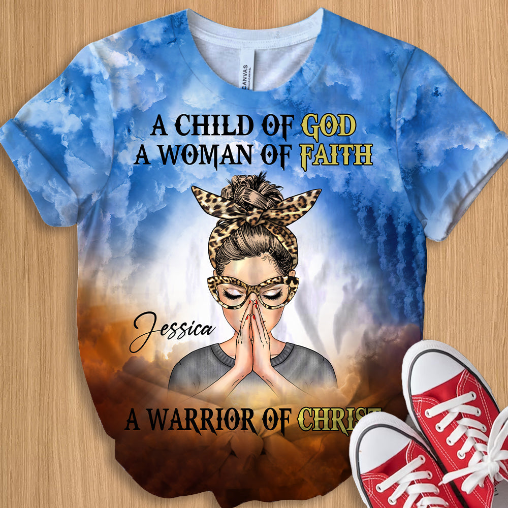 Personalized Woman Warrior Praying, A Child Of God A Woman Of Faith A Warrior Of Christ 3D T-shirt