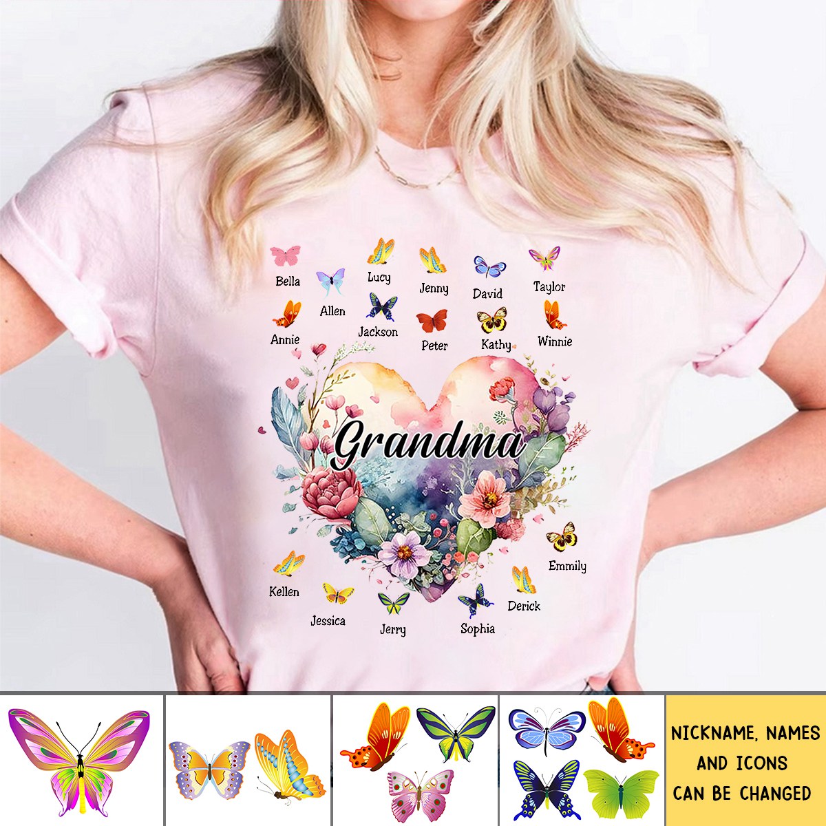 Heart Floral With Little Butterflies Personalized T-Shirt, Gift For Grandma Mom