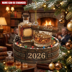 Personalized Whiskey Christmas Ornament, Custom Bourbon Lover Gift, 2026 Bar Decor, Whiskey Barrel Ornament, Cigar Lover Gift