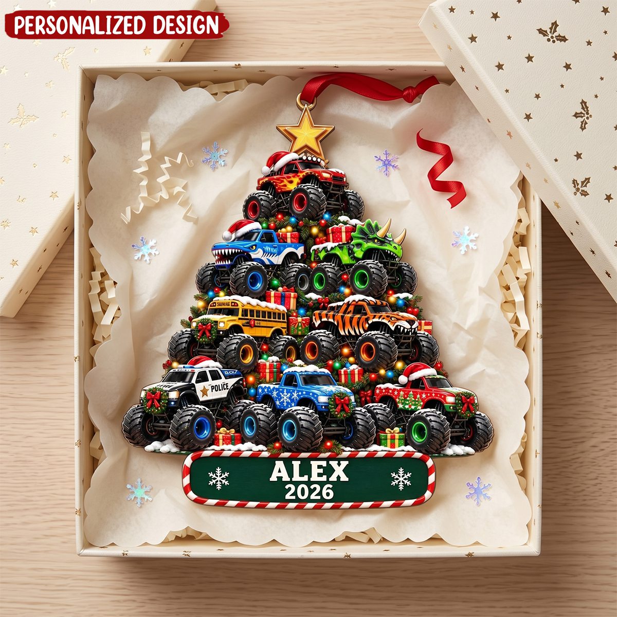 Personalized Monster Truck Acrylic Ornament, Custom Name Christmas Ornament