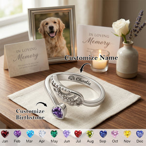 Memorial Your Loved One Family Loss Pet Loss - Personalized Wing And Heart Birthstone Ring