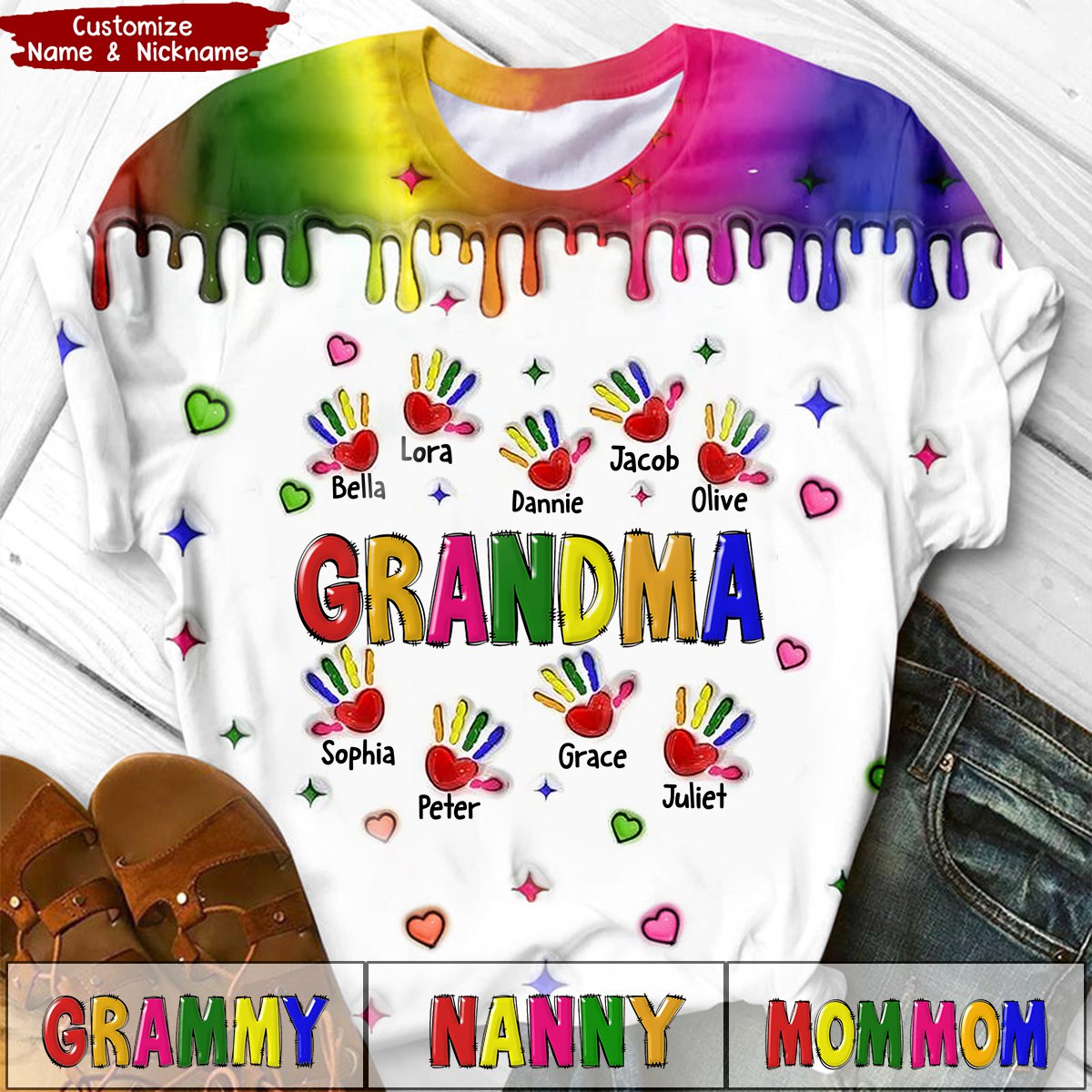 Colorful Grandma Mom Handprint Grandkids 3D Inflated Effect Personalized T-shirt