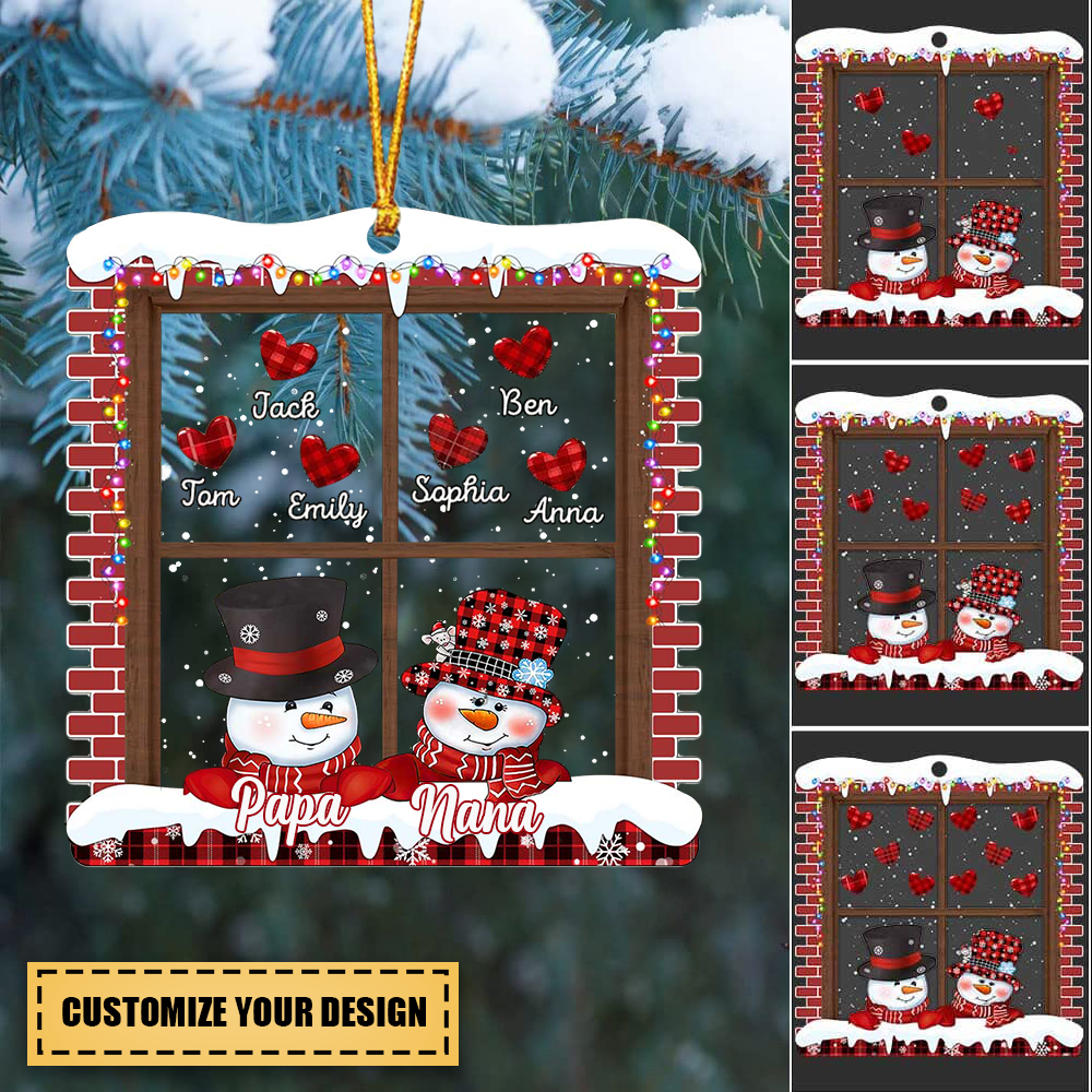 Red Snowman Papa Nana Dad Mom Heart Kids Hanging On Window Personalized Ornament