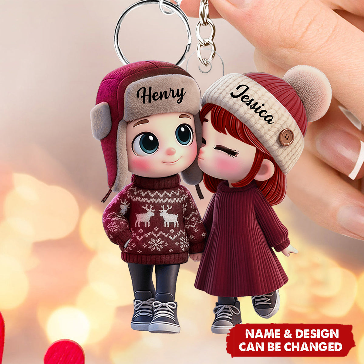 Personalized Acrylic Keychain Cute Cartoon Kissing Couple in Winter Hats