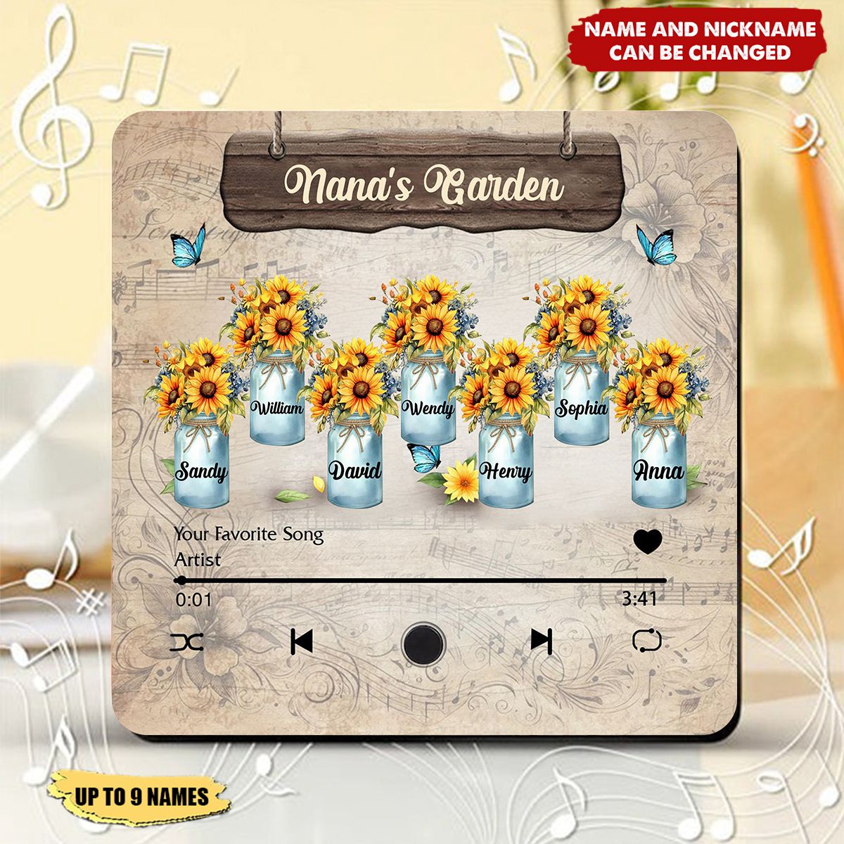 Personalized Grandma's Garden Sunflower Music Fridge Magnet