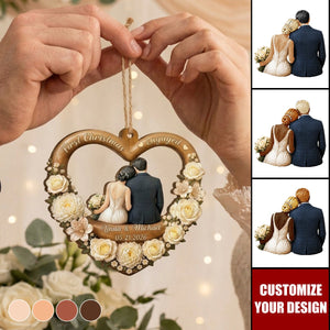 First Christmas Married Wooden Ornament, Seated Bride & Groom From Behind by a Glowing Tree, Creative Gift for Newlyweds