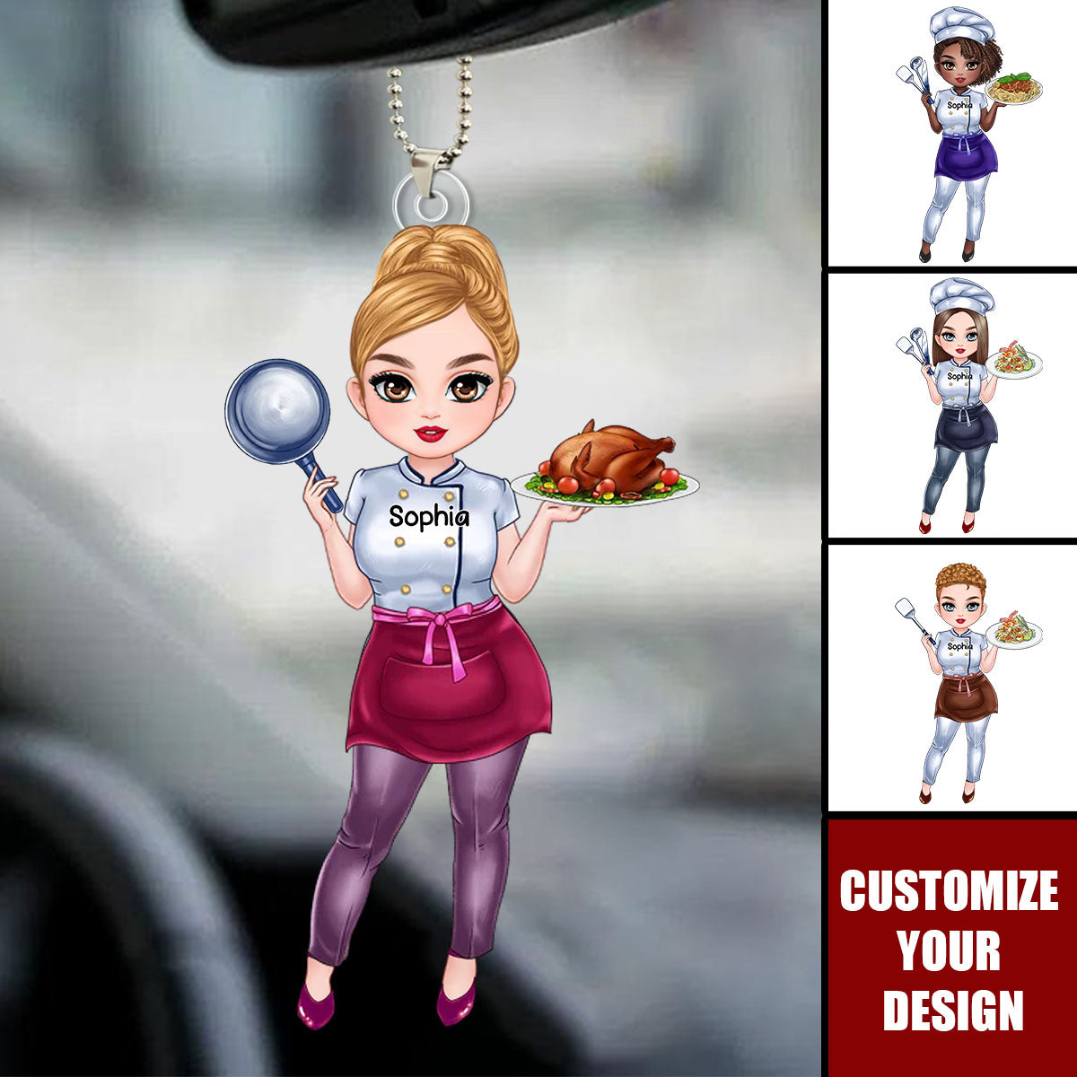 Custom Cartoon Female Chef - Personalized Acrylic Ornament