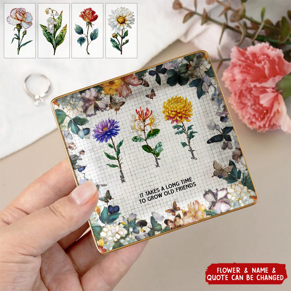 Mosaic Style Birth Flowers A True Friendship Is A Journey - Personalized Jewelry Dish